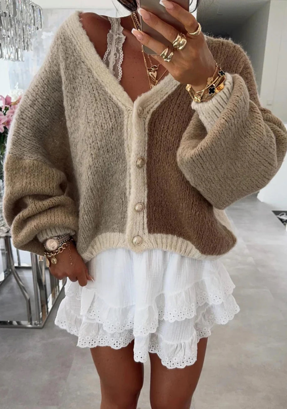 CINDY COLOUR BLOCK CONTRAST KNITTED CARDIGAN-BROWN