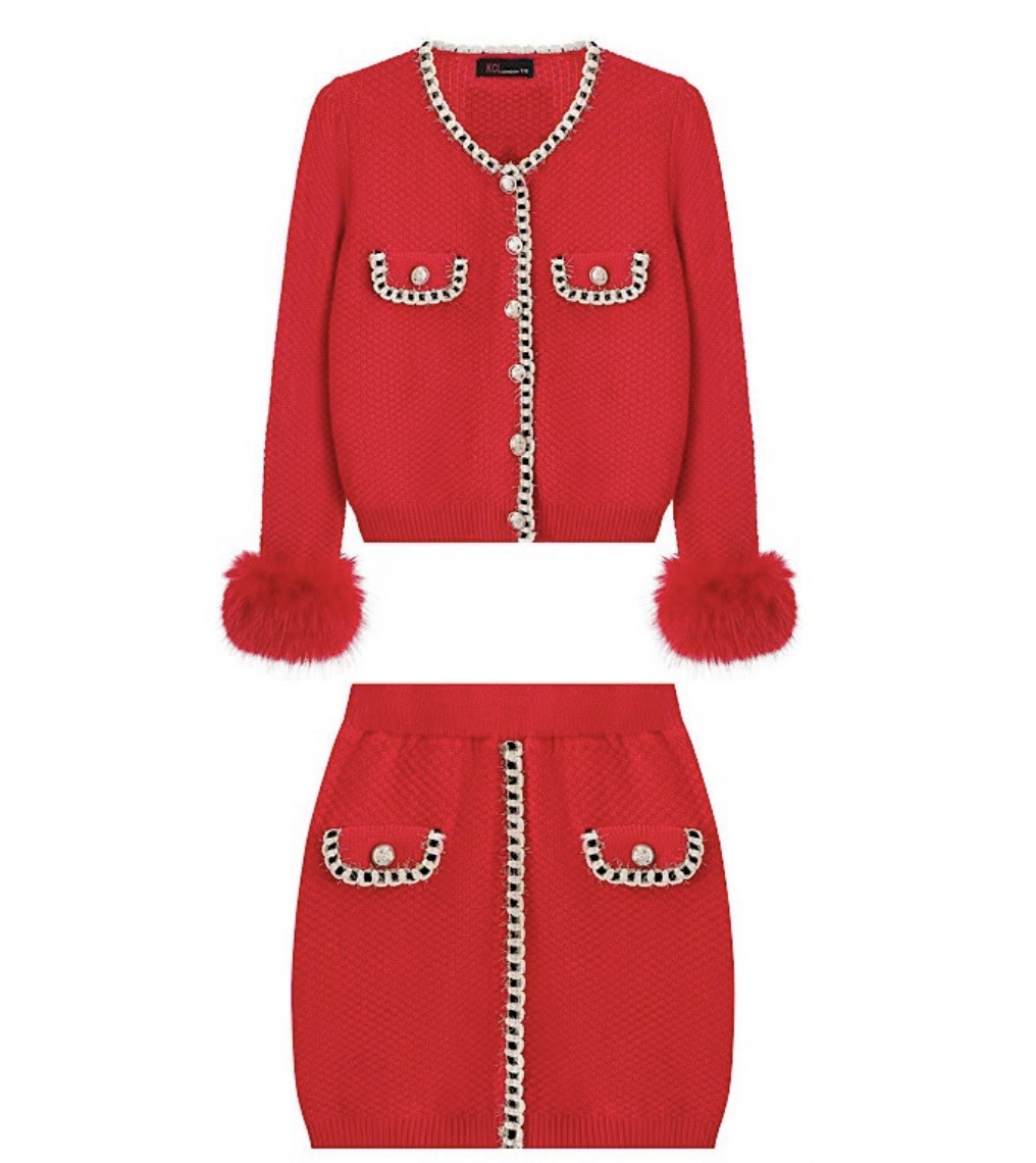 Girls Diamond Knit Fur Cardigan & Skirt Set 2-12 Years