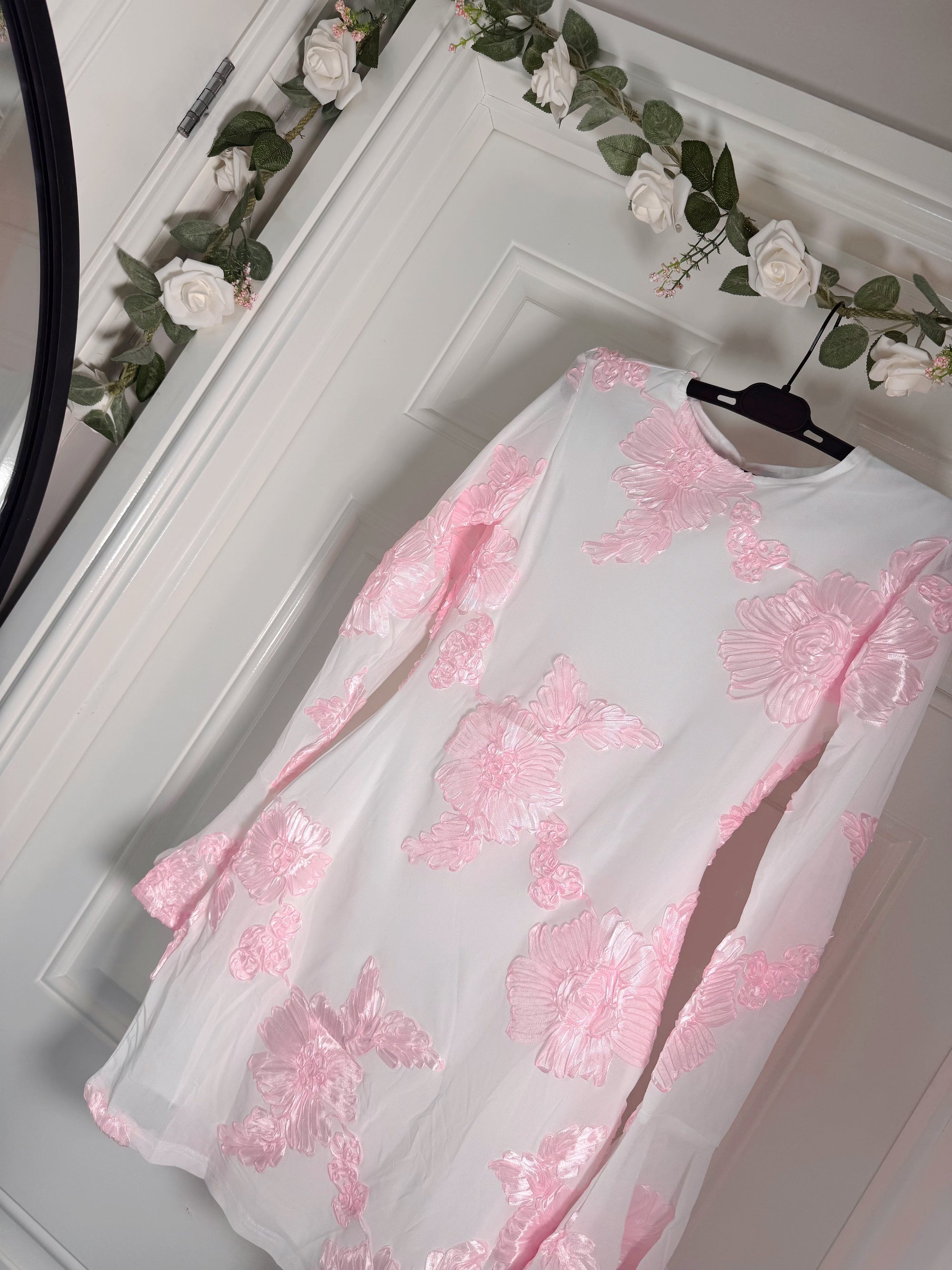 White Pink Indie Luxe Flower Mesh Sleeve Mini Dress