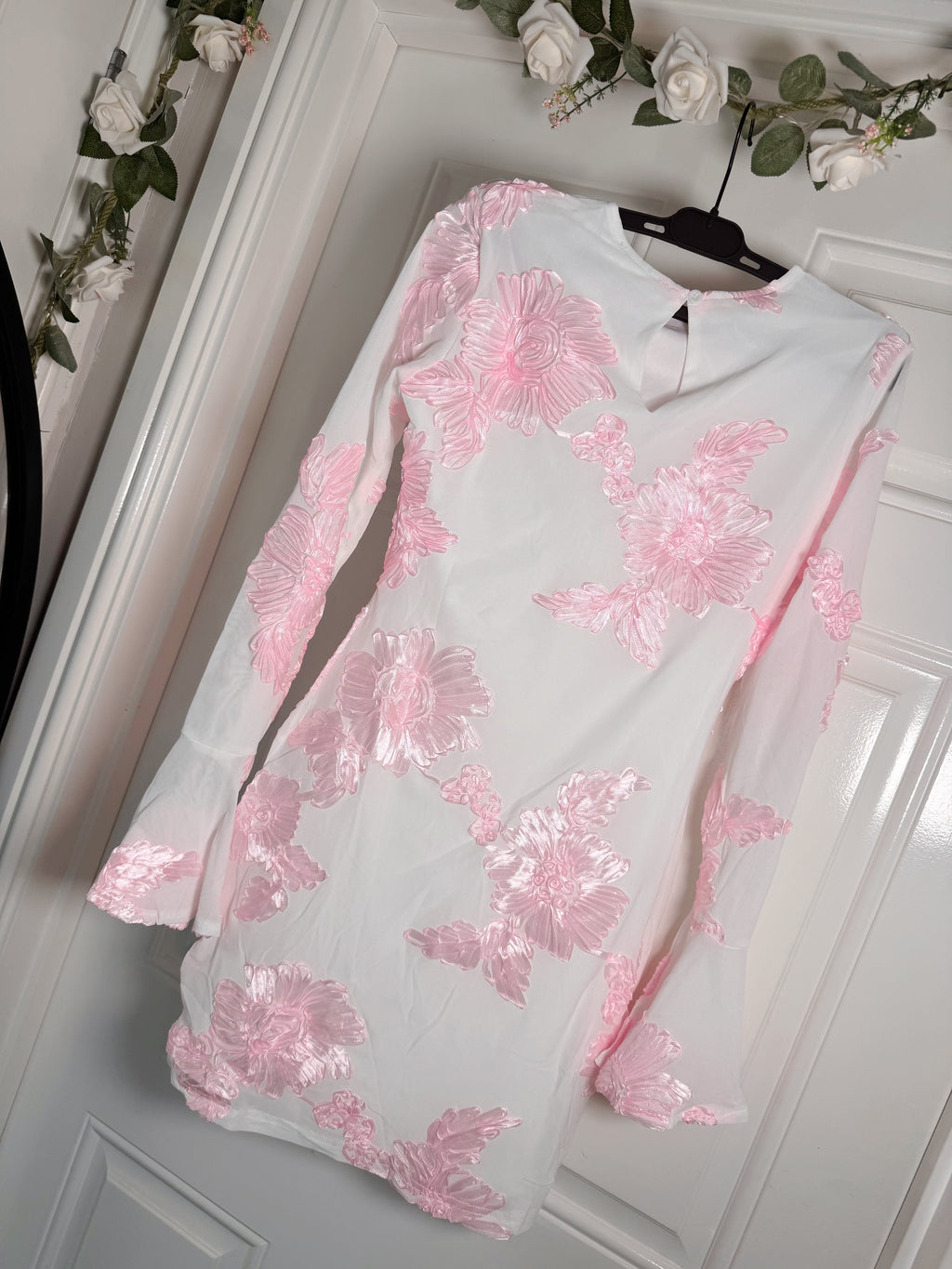 White Pink Indie Luxe Flower Mesh Sleeve Mini Dress