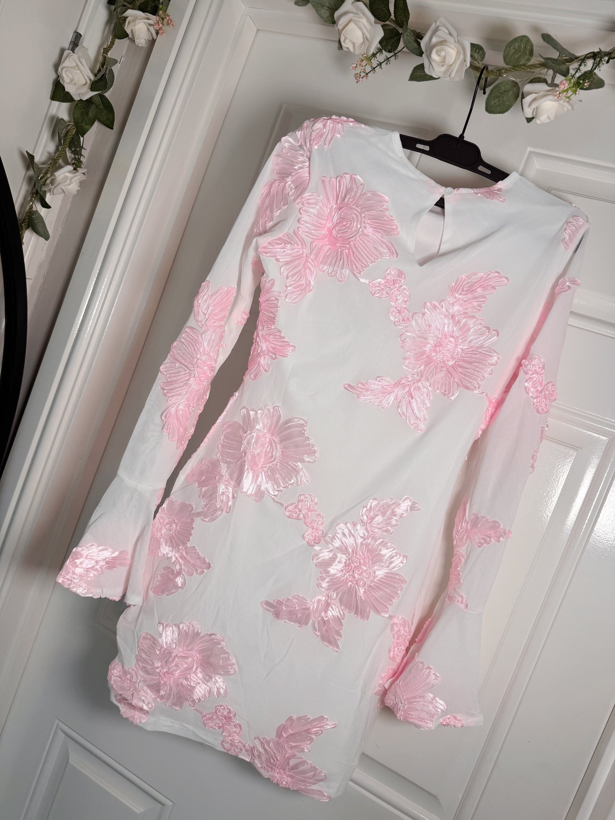 White Pink Indie Luxe Flower Mesh Sleeve Mini Dress